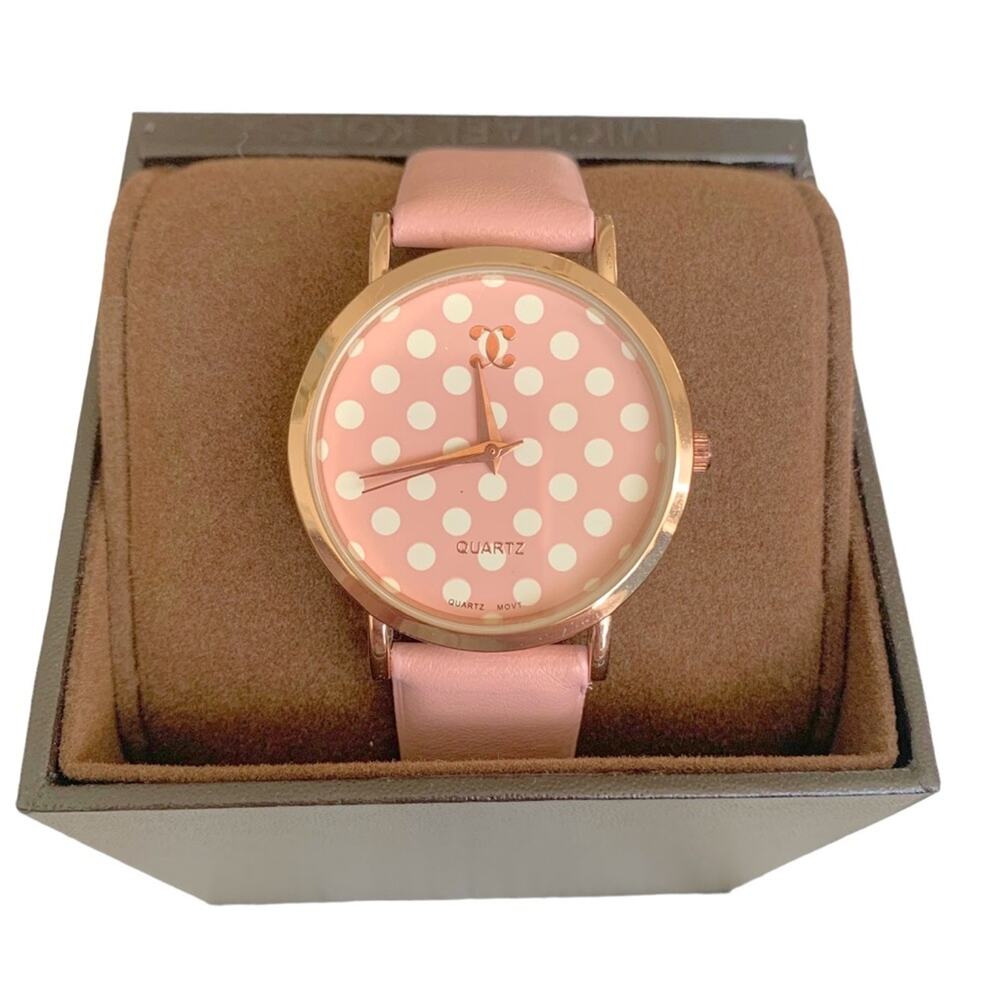 Charming Charlie Pink Polka Dot Face Gold Tone Bezel Quartz Movement Watch